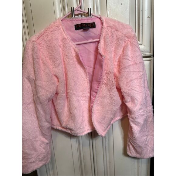 Seeing Red Girls Plush Faux Fur Long Sleeve Open Front Jacket Pink Small Medium - Picture 9 of 9
